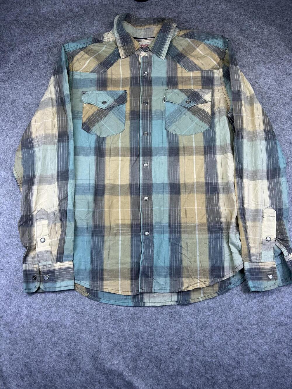 Levi's Pearl Snap Western Shirt Men's Medium Plaid Long Sleeve Cowboy Cut Farm